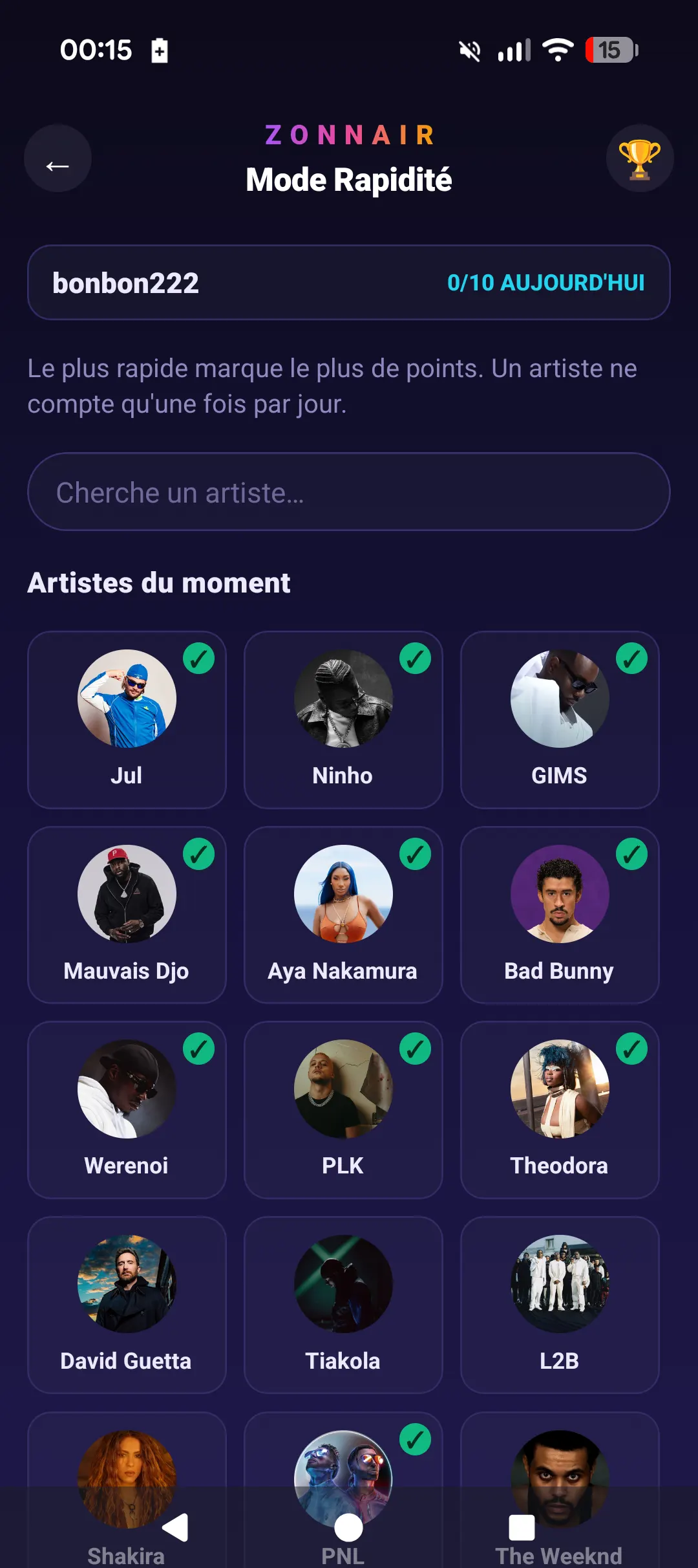 Grille de sélection d'artiste pour le blind test 100 % artistes de ZONNAIR
