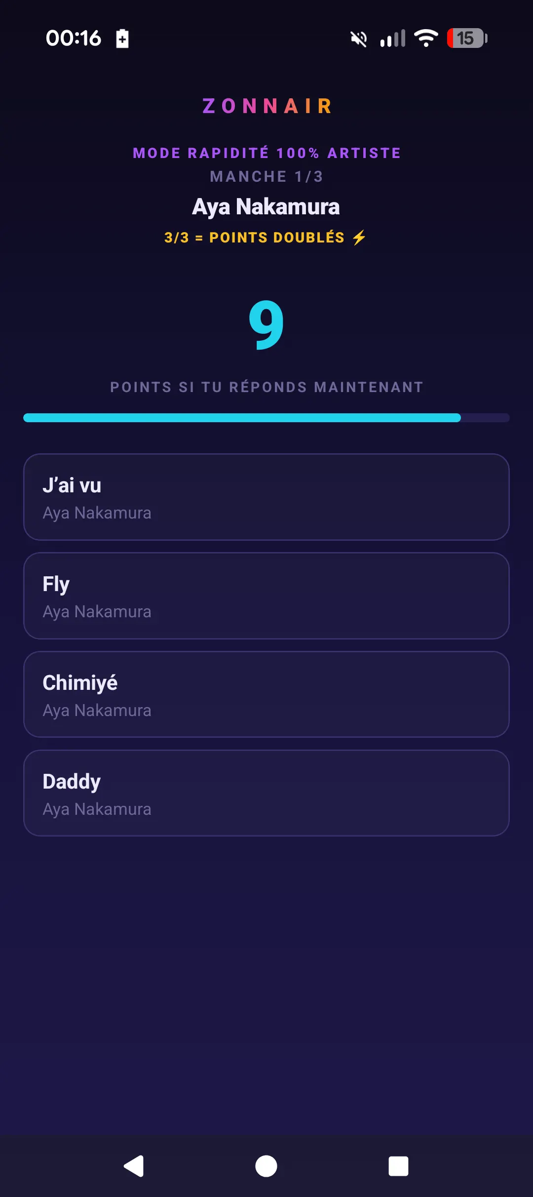 Partie de blind test 100 % artistes en cours dans l'application ZONNAIR, avec quatre propositions de titres