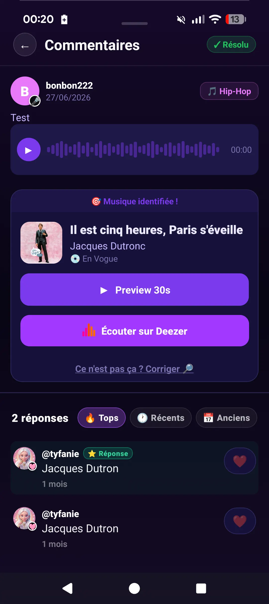 Mélodie résolue dans ZONNAIR avec la bonne réponse validée et mise en avant