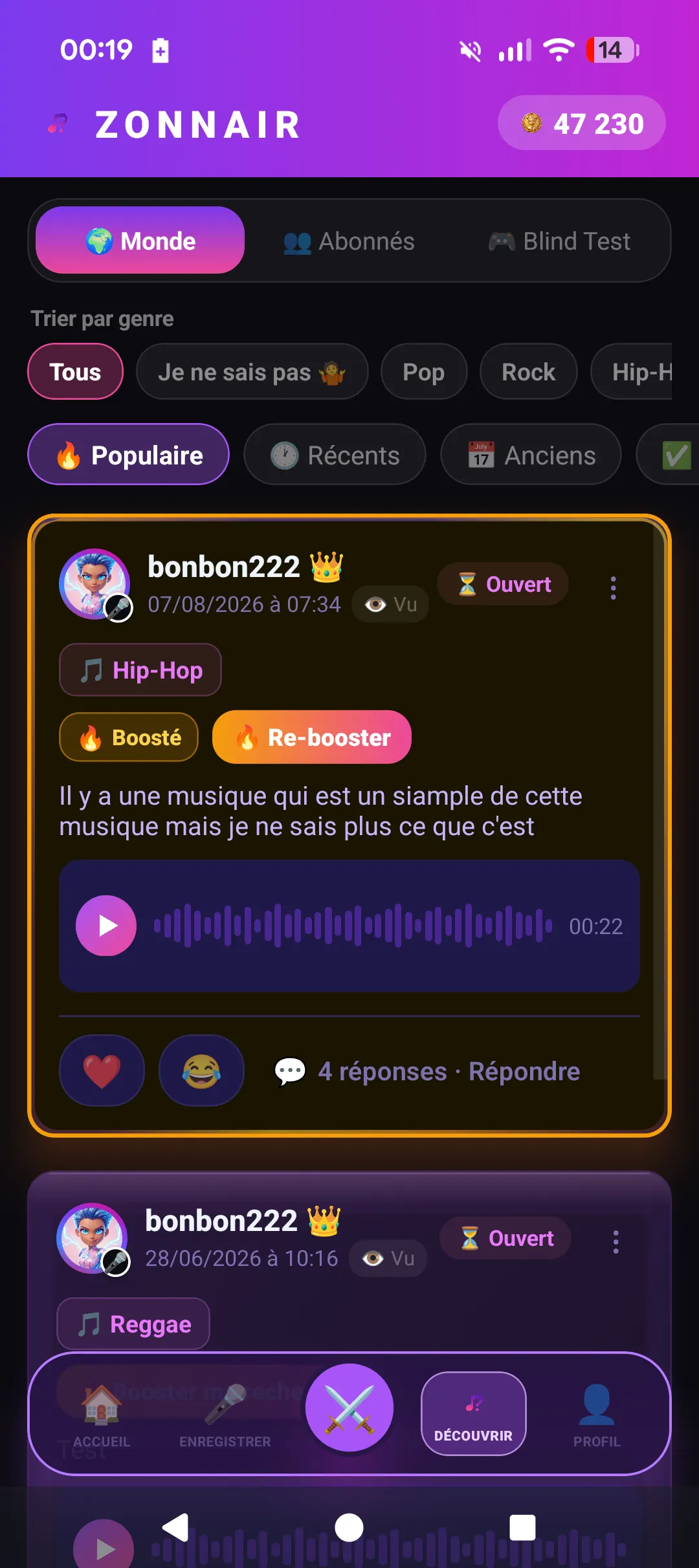 Fil d'accueil de ZONNAIR listant les mélodies fredonnées par la communauté
