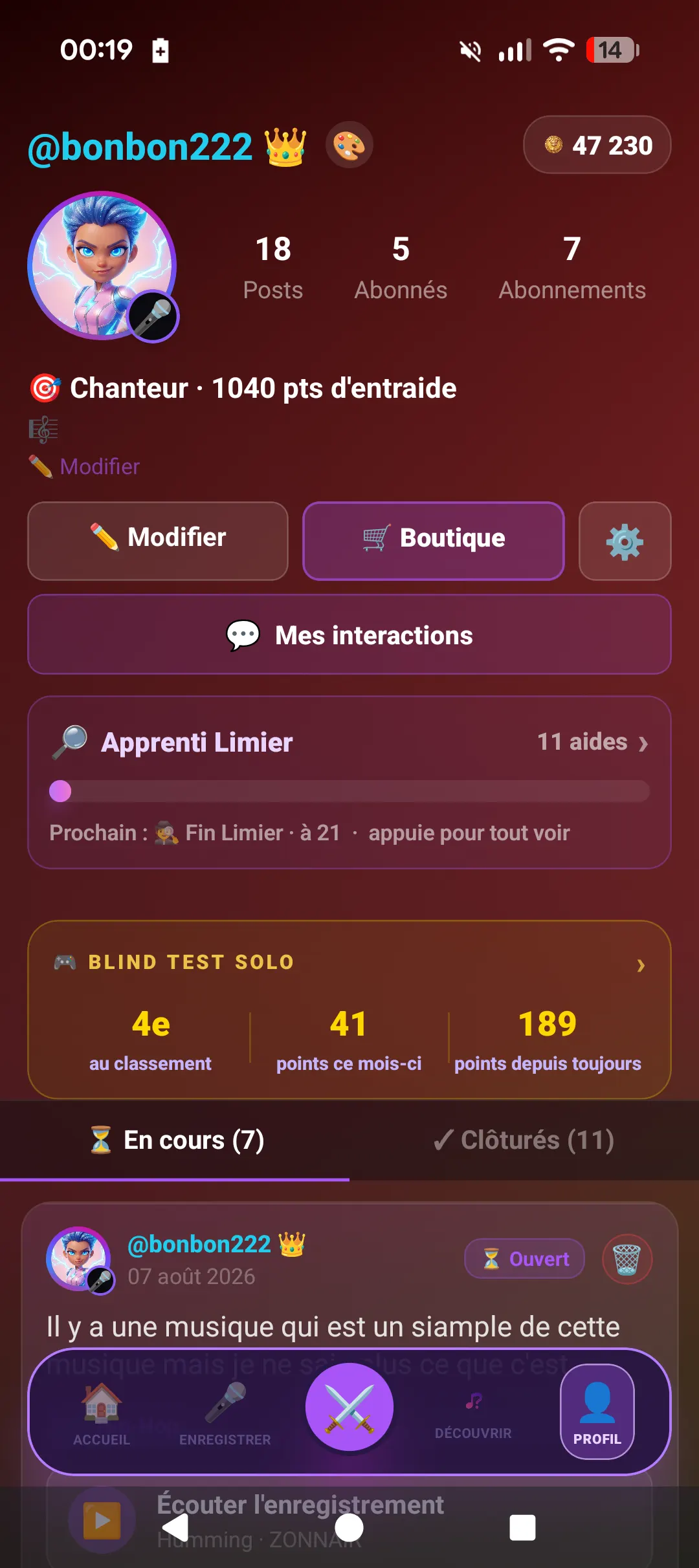 Profil ZONNAIR avec avatar, bordure, pièces et position au classement mensuel